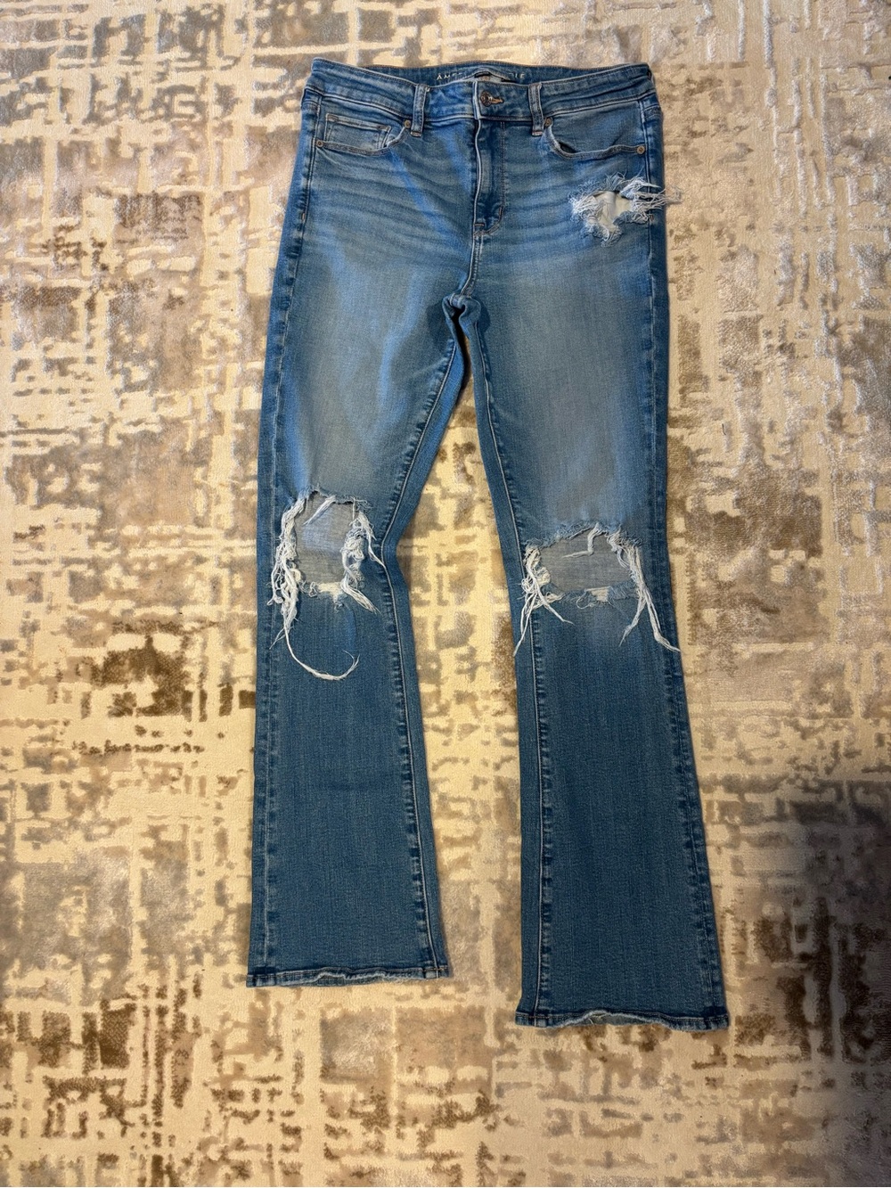 American Eagle High Rise Skinny Kick Distressed Women's Blue Denim Jeans size 14